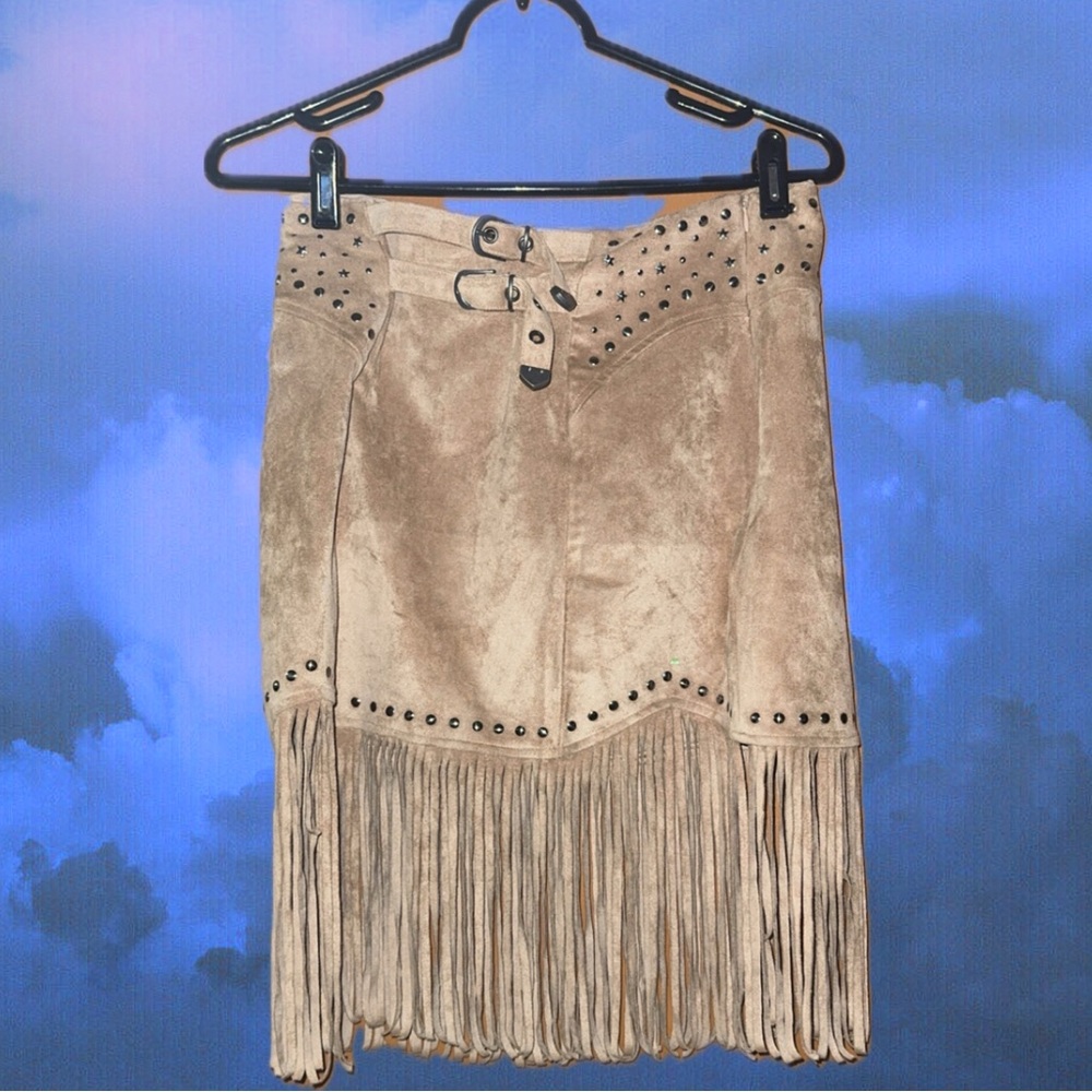 Tan Fringe Suede like Skirt Rock n Roll Denim Size Medium
